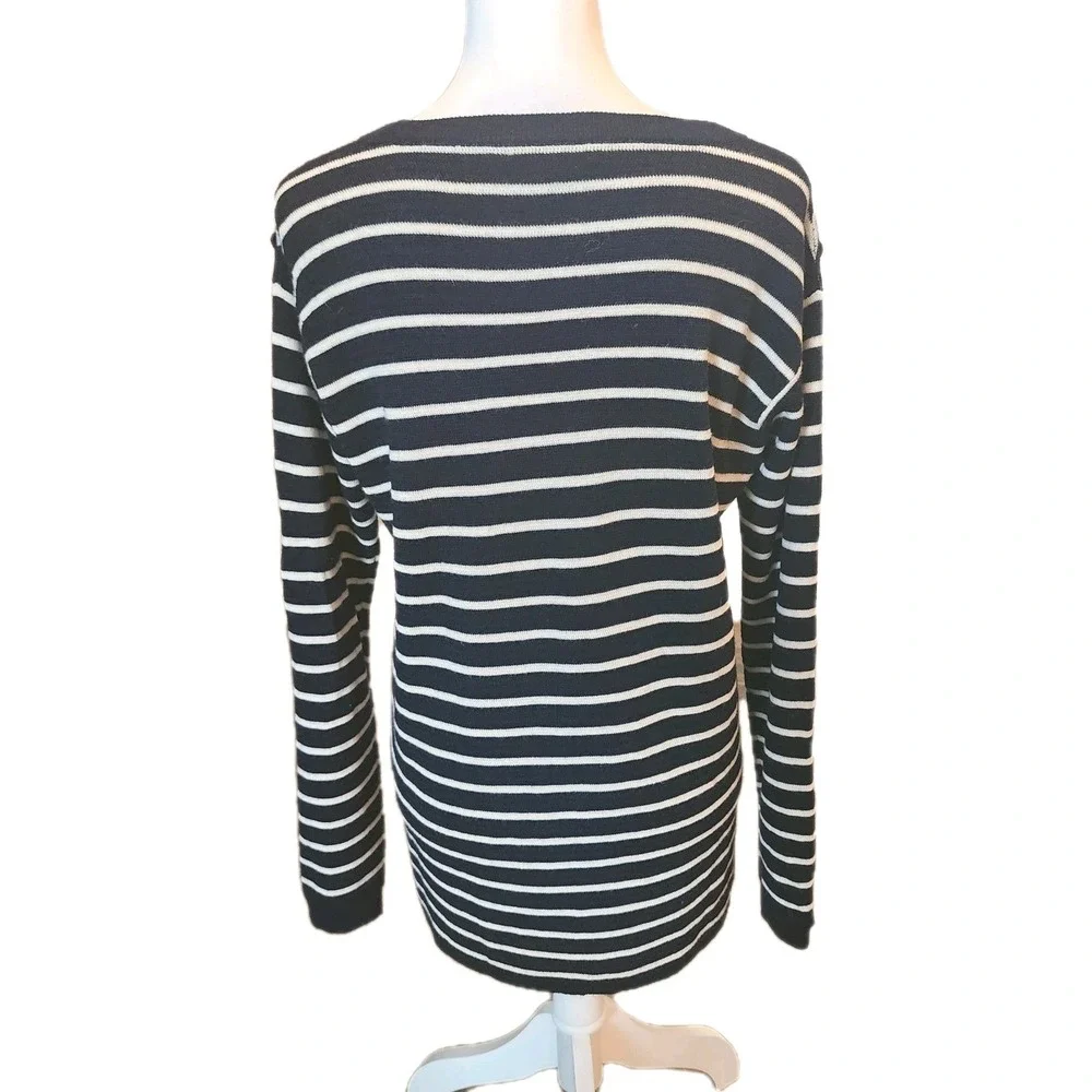 J.Crew Merino Wool Sweater Womens Medium Navy White Jewel Embellishment Preppy‎